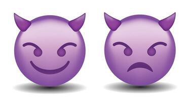 Emoji set. High quality emoticon smiling with horns, devil emoji isolated on white background. Purple face devil emoji. 3d illustration. vector