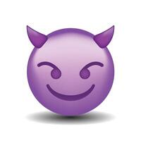 High quality emoticon smiling with horns, devil emoji isolated on white background. Purple face devil emoji. 3d illustration. vector