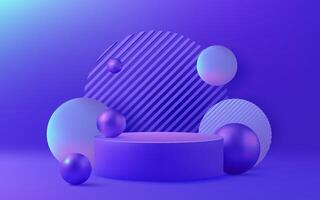 3D podium design with a purple color palette. Shiny neon metallic balls and spheres create a futuristic and celebratory atmosphere. Perfect for commercial promotions and sales. Not AI. vector