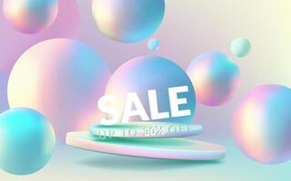 3D holographic composition with glowing balls on a neon abstract background. Modern sale banner design with geometric shapes, podium and a minimalistic gradient. Trendy and creative element. Not AI. vector