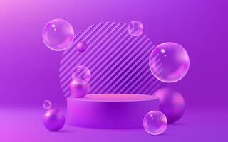 A modern 3D podium with neon purple soap bubbles on an abstract background. Realistic liquid spheres create a bright and colorful scene. Copy space available. Not AI. vector