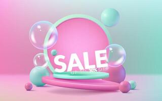 A modern and abstract podium with soap bubbles in pink and green. This vibrant design is perfect for marketing and promotion. Use it for banners, posters, and product displays. Not AI. vector
