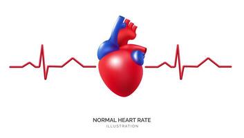 3D icon illustration of a human heart, and rate cardiology and healthcare. Represent normal heart rate pulse, blood flow, and cardiac rhythm, heart health and treating diseases. Not AI. vector