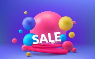 A modern 3D podium with colorful neon balls on a vibrant background. The abstract design showcases sale sign. Perfect for presentations and promotions. Not AI. vector