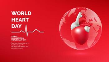 World Heart Day, a red 3d realistic heart symbolizes global health awareness. The design features a world map, emphasizing the importance of cardiovascular care worldwide. Not AI. vector