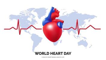 World Heart Day, a red 3d realistic heart symbolizes global health awareness. The design features a world map, emphasizing the importance of cardiovascular care worldwide. Not AI. vector