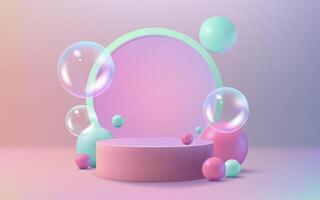 A modern and abstract podium with soap bubbles in pink and green. This vibrant design is perfect for marketing and promotion. Use it for banners, posters, and product displays. Not AI. vector