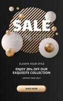 Luxury 3D banner design, black and gold elements in elegant style. Sale 20 percent off banner. 3d elements balls and circles against a dark backdrop, perfect for premium product displays. Not AI. vector