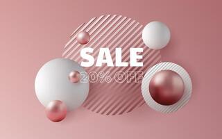 A stunning 3D banner design with a pink and gold color palette. Shiny metallic balls and spheres create a futuristic and celebratory atmosphere. Perfect for commercial promotions and sales. Not AI. vector