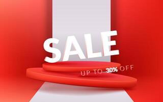 A sleek 3D podium with a red and white color scheme. The round shape and abstract design create a modern showcase. Perfect for product presentations and promotions. Not AI. vector