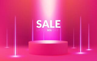 A futuristic 3D podium with pink and purple neon lights. The pedestal creating a modern and realistic showcase. Perfect for Sale presentations, promotions, and product displays. Not AI. vector