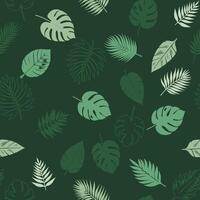 Seamless pattern of exotic leaves on a green background with tropical plants and palm tree illustrations. Ideal for summer decor, textiles, and fashion, it features lush, green foliage Not AI. vector