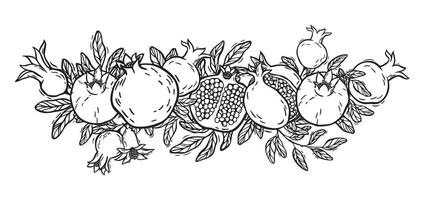 composition of pomegranate halves with seeds and leaves. Botanical black and white illustration, hand drawn in linocut style. Drawing for design of packaging, menus, recipes, postcards vector