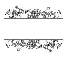 Pomegranate fruits with seeds and branches with leaves. Botanical black and white border, hand drawn in linocut style. Drawing for design of product packaging, menus, recipes, postcards vector