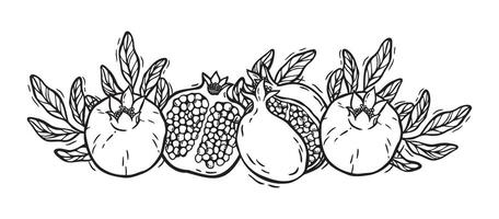 composition of pomegranate halves with seeds and leaves. Botanical black and white illustration, hand drawn in linocut style. Drawing for design of packaging, menus, recipes, postcards vector