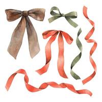 A set of silk satin ribbons and bows of different colors. Isolated watercolor illustration in vintage style. Hand drawn drawings for cards, various holidays, invitations, textiles, stickers. vector