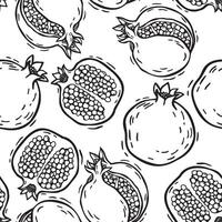 Pattern of different pomegranate fruits. botanical black and white pattern in linocut style on a white background. Pattern for packaging design of products and cosmetics, textiles, wallpaper vector