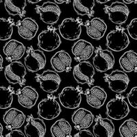 Pattern of different pomegranate fruits. botanical black and white pattern in linocut style on a black background. For packaging design of products and cosmetics, textiles, paper, wallpaper vector