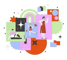 Multiethnic people having fun 2D linear illustration concept. Spreading joy and happiness feelings cartoon characters isolated on white. Positive metaphor abstract flat outline graphic vector