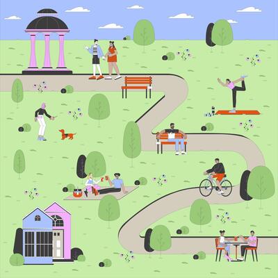 Walkable city cartoon flat illustration. Nature place in town. Multiracial adults resting in urban park 2D line character colorful background. Summer public garden scene storytelling image