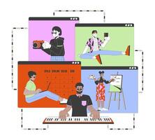 Remote work 2D linear illustration concept. Multiethnic people with home based jobs cartoon characters isolated on white. Telecommuting services metaphor abstract flat outline graphic vector