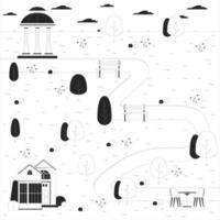 Spring city park black and white line illustration. Comfortable place to rest on nature at urban area 2D landscape monochrome background. Public garden waiting for guests outline scene image vector