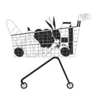 Shopping cart with food products black and white 2D line cartoon object. Grocery goods in trolley isolated outline item. Buying cooking ingredients monochromatic flat spot illustration vector
