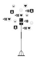 Smartphone on tripod with likes followers black and white 2D line cartoon object. Cellphone record. Vlogging accessories isolated outline item. Live stream monochromatic flat spot illustration vector