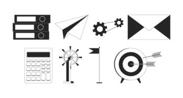 Office essentials black and white 2D line cartoon objects set. Stationery supplies isolated outline items collection. Business development strategy monochromatic flat spot illustrations vector