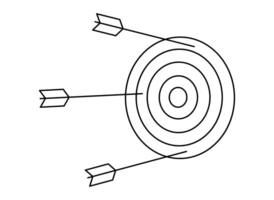Hand drawn cute outline illustration of arrow miss center of target. Flat doodle failure shot. Wrong strategy line art icon. Unsuccessful attempt. Finding solution. Lost opportunity. Isolated. vector