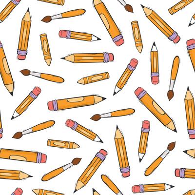 school pencils, brushes, crayons seamless pattern with doodles for wallpaper, scrapbooking, stationary, textile prints, wrapping paper, backgrounds, etc. EPS 10