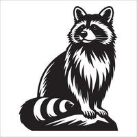 A Raccoon with a majestic expression sitting on a rock illustration in black and white vector