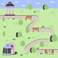Spring city park cartoon flat illustration. Comfortable place to rest on nature at urban area 2D line landscape colorful background. Public garden waiting for guests scene storytelling image vector