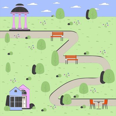 Spring city park cartoon flat illustration. Comfortable place to rest on nature at urban area 2D line landscape colorful background. Public garden waiting for guests scene storytelling image