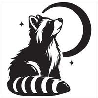 A Raccoon sitting and looking up at the moon illustration in black and white vector