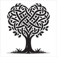 A Celtic tree with branches forming a heart shaped knot illustration in black and white vector
