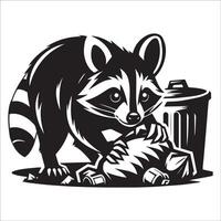 A Raccoon eating garbage with a mischievous expression illustration in black and white vector