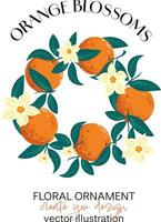A circular frame adorned with blooming oranges and green leaves, featuring a natural pattern with space for your text, perfect for invitations, announcements, or decorative designs vector