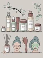 Shelves stocked with natural cosmetics, alongside illustrations of girls applying cucumber facial masks, embodying the essence of a spa experience. The scene is completed with spa vector