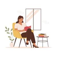 Woman reading a book sitting on a sofa next to the window vector