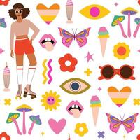 70s retro vintage summer seamless pattern. Mushrooms, butterfly, roller girl, groovy flowers. Good vibes only. Nostalgia revival concept. Psychedelic trippy background, digital paper, wrapping paper. vector