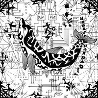 Seamless pattern with dolphin and mysterious symbols of sacred geometry vector