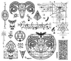 Design set with graphic drawings of mystic and religions and devil symbols vector