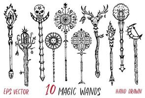 Hand drawn collection of magic wands of warlock, magician, shaman. Clipart of fantasy objects. vector