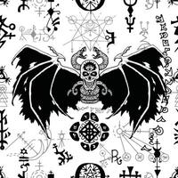 Seamless pattern with demon and mysterious symbols of sacred geometry vector
