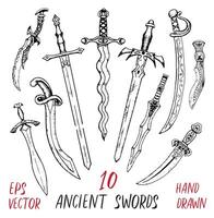 Hand drawn collection of ancient swords, old objects sketch vector