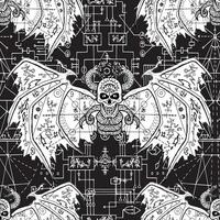 Seamless pattern with demon and mysterious symbols of sacred geometry vector