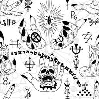 Seamless pattern with hands, skull and mysterious symbols vector