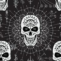 Seamless pattern with skull and mysterious symbols of sacred geometry vector