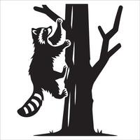 A Raccoon climbing a tree trunk illustration in black and white vector